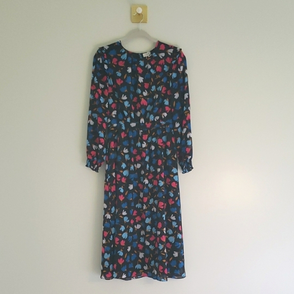 J. Crew Floral Midi Dress 4 Black Blue Pink Long Sleeve Cottage Office Career - Picture 1 of 16